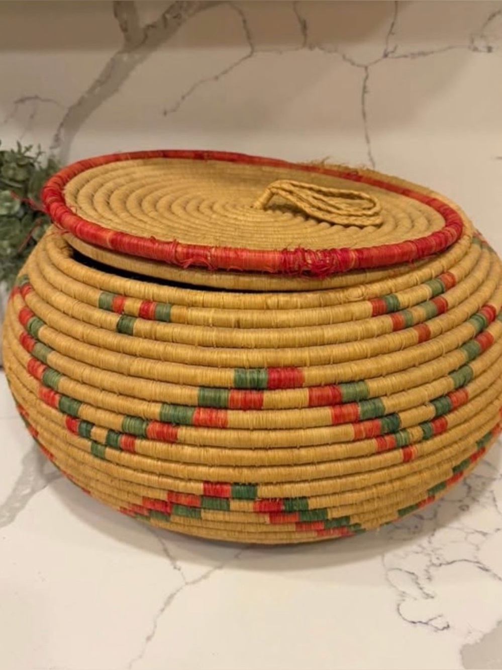 Vintage 1980s
Handwoven Coiled Basket with Lid Red Green Geometric
9"x12"